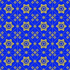 Thai Pattern: A vibrant display of ornate Thai pattern, a repeating design featuring a symmetrical floral pattern, each detail carefully designed and colored in vivid hues.