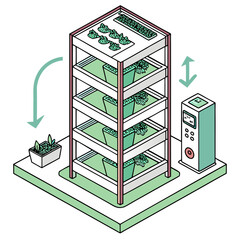 Vector art of isometric illustration of a vertical farm with control system on