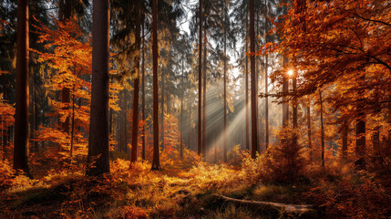 Obraz premium Golden autumn forest with sun rays piercing through orange and red leaves, cinematic lighting
