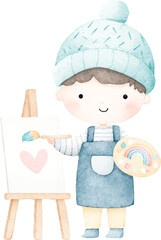 Cute Watercolor Boy Artist Painting Heart Child Art Illustration.