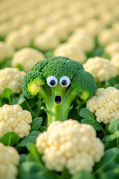 Naklejki Surprised broccoli with googly eyes pops out from cauliflower patch, a fun and whimsical food concept
