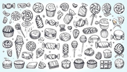 Hand-drawn collection of various sweets and candies