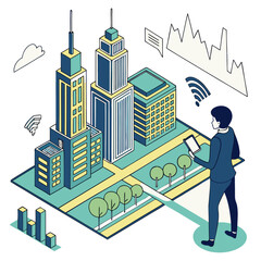 Vector art of isometric city with man using tablet