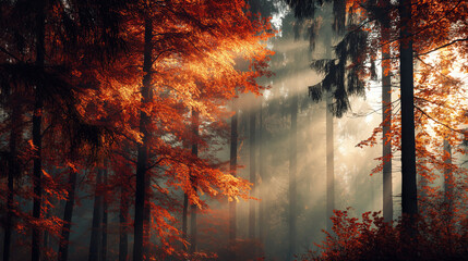 Golden autumn forest with sun rays piercing through orange and red leaves, cinematic lighting