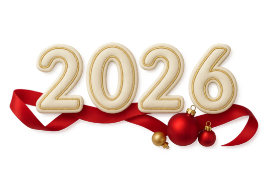 New year 2026 with red ribbon and ornaments on transparent background