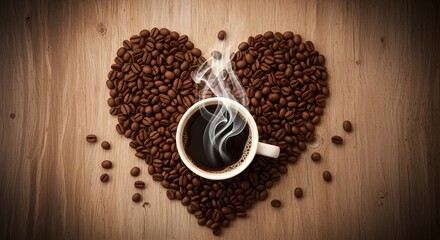 Steaming cup of coffee nestled within a heart shape of rich roasted beans, a perfect morning delight.