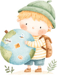 Cute Watercolor Boy with Globe Travel Illustration Child Explorer.