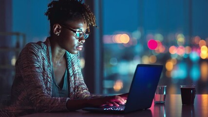 Young professional software engineer typing on a laptop with colorful holographic code projections around. - Powered by Adobe