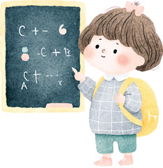 Cute Watercolor Child Learning Math Back to School Illustration.