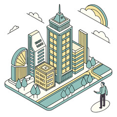 Vector art of isometric city illustration with skyscrapers, buildings, bridge, and hot air balloons