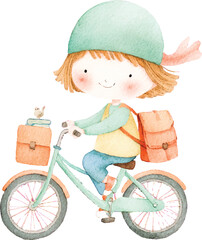 Cute Watercolor Child Riding Bicycle School Books Backpack.