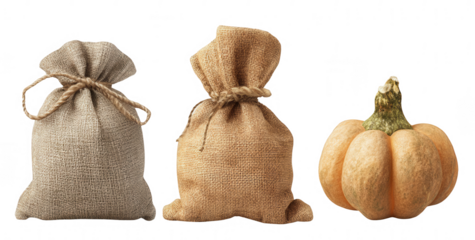 Three different corn, pumpkin, and burlap bags, jpeg, png, transparent