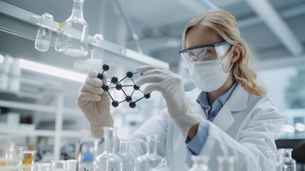 New materials engineering. Female scientist in modern laboratory, wearing white lab coat, protective mask and gloves, holding a black graphene molecular structure model.