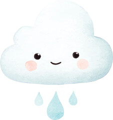 Cute Watercolor Cloud with Rain Happy Cartoon Weather Illustration.