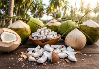 Golden Hour Still Life of a Tropical Coconut Harvest on a Rustic Wooden Table.