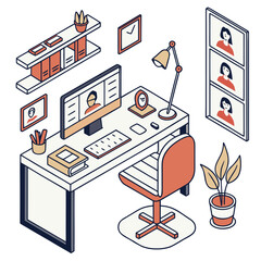 Vector art of isometric illustration of a desk with computer and office supplies