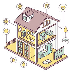 Vector art of isometric illustration of a smart home with connected devices and systems