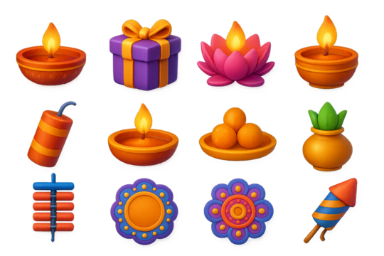 Diwali icons set featuring candles, fireworks, and gifts on transparent background - Powered by Adobe
