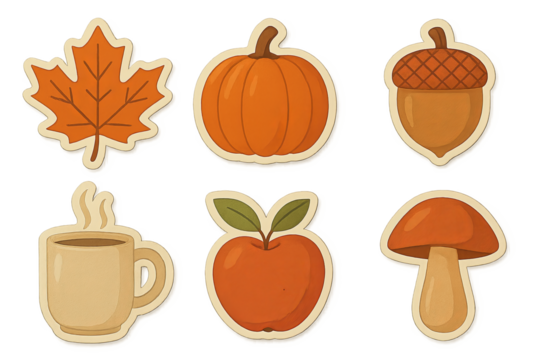 Isolated autumn icon set with leaf, pumpkin, acorn, coffee, apple, mushroom