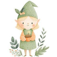 Cute Watercolor Elf Girl Holding Acorn Childrens Illustration.