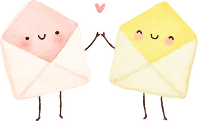 Cute Watercolor Envelopes Cartoon Mail Characters Romantic Illustration.