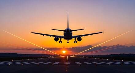 Airplane Taking Off on Runway with Sunrise Sky