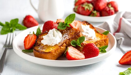 Delicious french toast topped with fresh strawberries and whipped cream