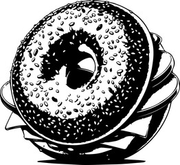 Illustration of a sesame seed bagel sandwich with cheese slices in black and white style art