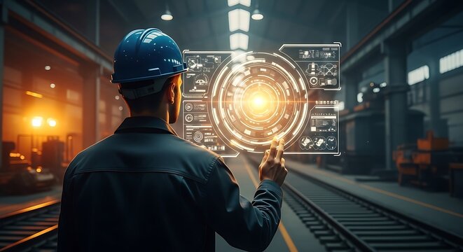 Engineer in factory analyzing futuristic digital interface