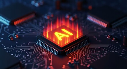 Fototapeta premium Illuminated ai chip on a futuristic electronic circuit board