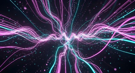 Dynamic abstract energy flow with vibrant neon lines and glowing particles, futuristic digital art