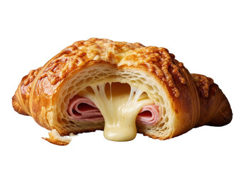 Golden-brown ham and Gruyère cheese croissant, precisely torn open with steaming gooey interior and delicate crumbs, isolated on transparent background, high-contrast hyperrealism, concept of