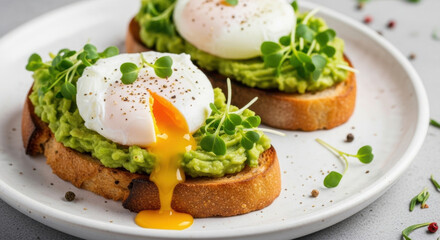 Delicious avocado toast with poached eggs and fresh microgreens for a healthy breakfast