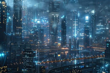 Naklejka premium Futuristic digital city skyline with virtual payment system technology