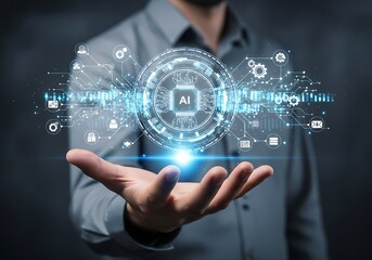 Man holding digital ai circuit board technology concept
