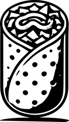 Illustration of a burrito with visible filling and a polka dot patterned tortilla wrap in black and white