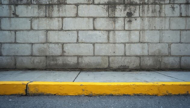 Close-up of weathered concrete block wall with a bright yellow curb and asphalt road. Grey cement texture, rough urban surface details, providing a backdrop for design or city themes.
