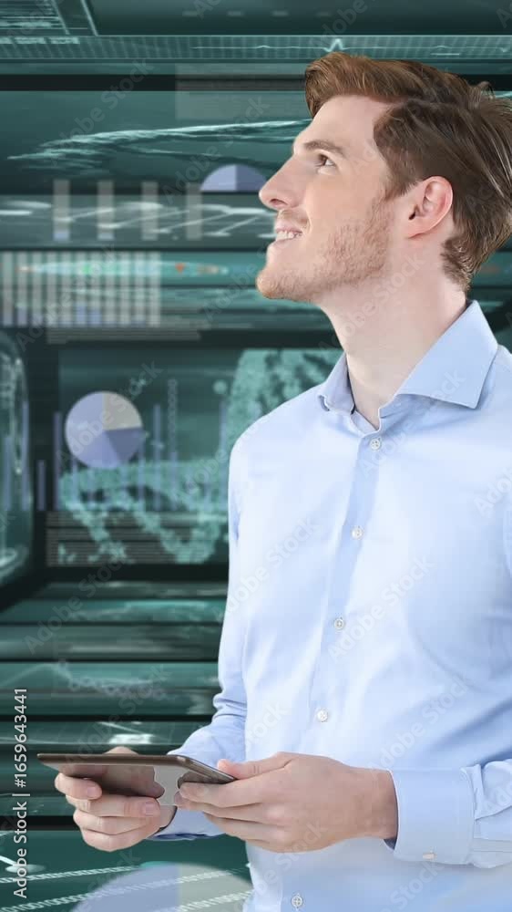 Poster man using digital tablet against screens with medical data processing