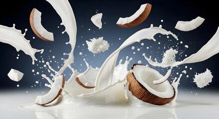 Delicious coconut pieces splashing into creamy milk creating a refreshing tropical beverage advertising shot