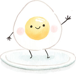 Cute Watercolor Fried Egg Cartoon Character Illustration.