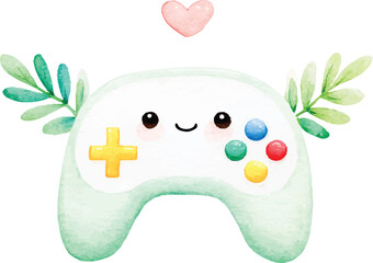 Cute Watercolor Game Controller Kawaii Gaming Illustration 1.