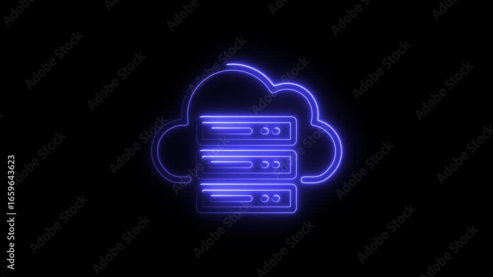 Poster blue neon cloud server icon on black background cloud computing data storage