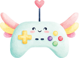 Cute Watercolor Game Controller Kawaii Gaming Joystick Illustration.