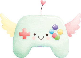 Cute Watercolor Game Controller with Wings Adorable Gaming Illustration.