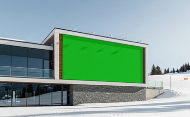 Obraz premium Billboard Green Screen Mockup On Ski Lodge Exterior With Snowy Slopes