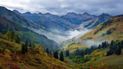 Mountain valley in peak autumn colors, mist rolling through hills