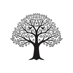 Obraz premium Stylized Tree of Life with Integrated Birds Flat Vector Icon Monochrome Nature Symbol
