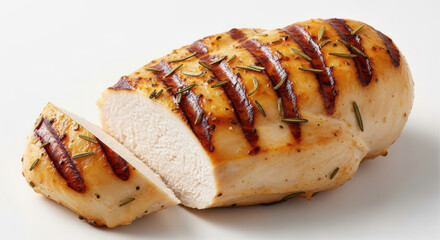 Delicious grilled chicken breast seasoned with rosemary on a clean white background
