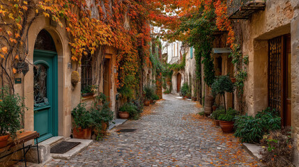 Narrow European alley with autumn vines covering the walls