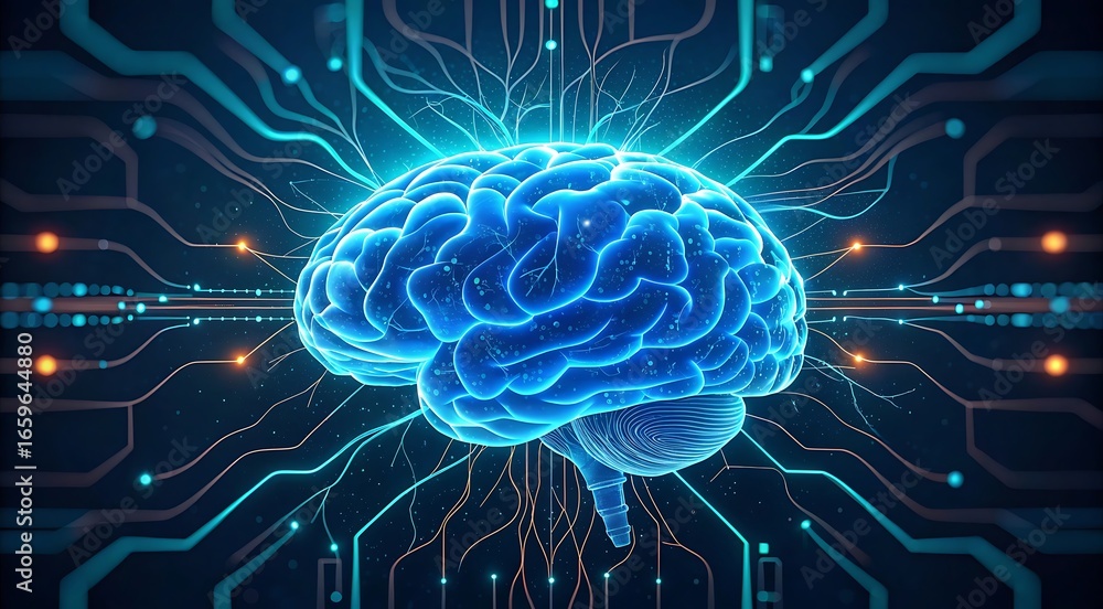 Poster artificial intelligence brain network concept digital brain with neural connections representing tec